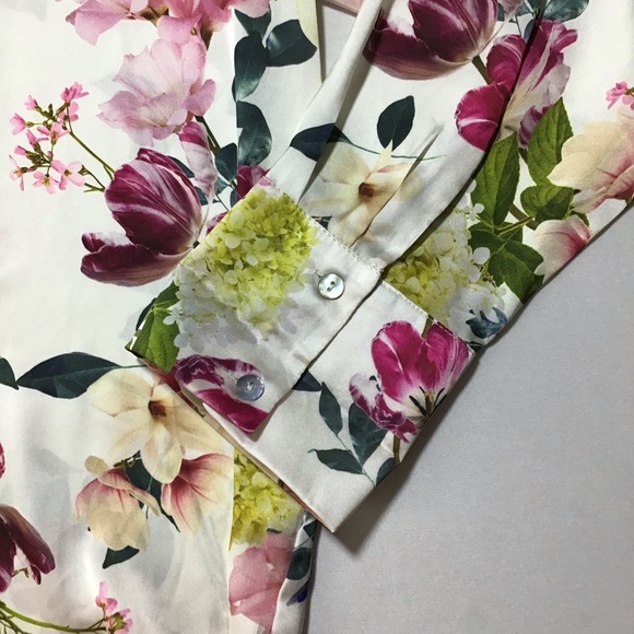 Zara Satin Floral Button Down Long Sleeve Blouse - Pink and Green - Picture 8 of 12